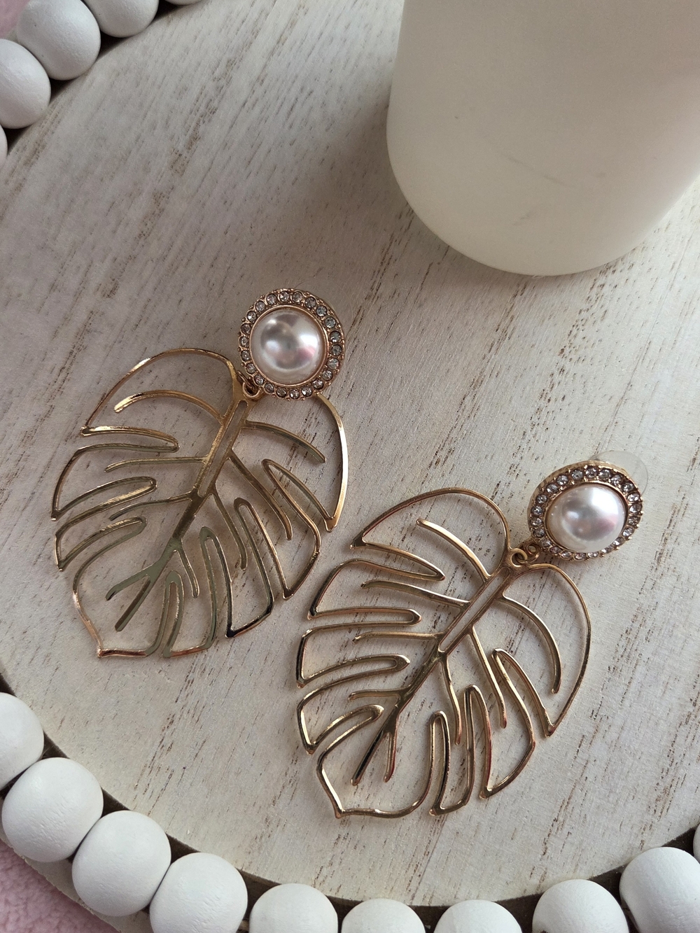 Gold Leaf Drop Earrings with Pearl Accent